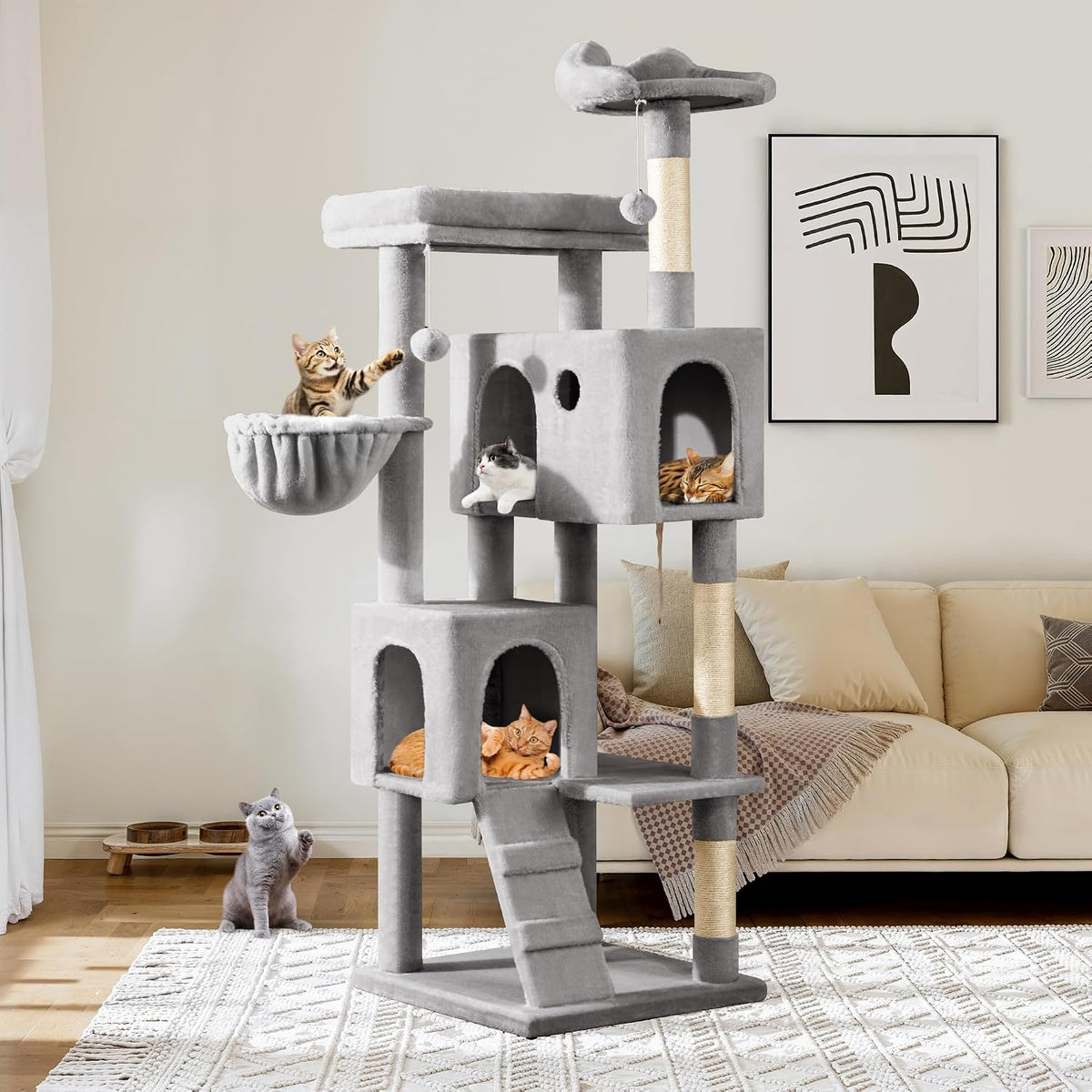 Allewie 64 Inches Cat Tree Tower/Multi-Level Activity Center - Grey