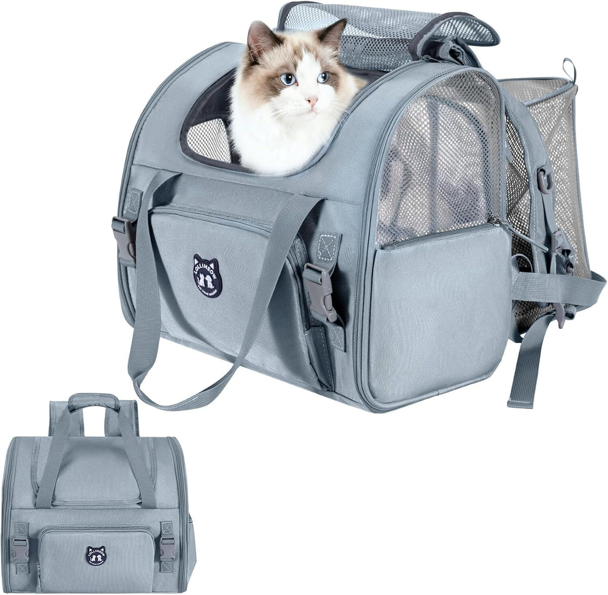 Expandable Large Cat Carrier Backpack, Supports up to – Essentials for Dogs - 16.5"L x 10.2"W x 15.8"H / Light Grey
