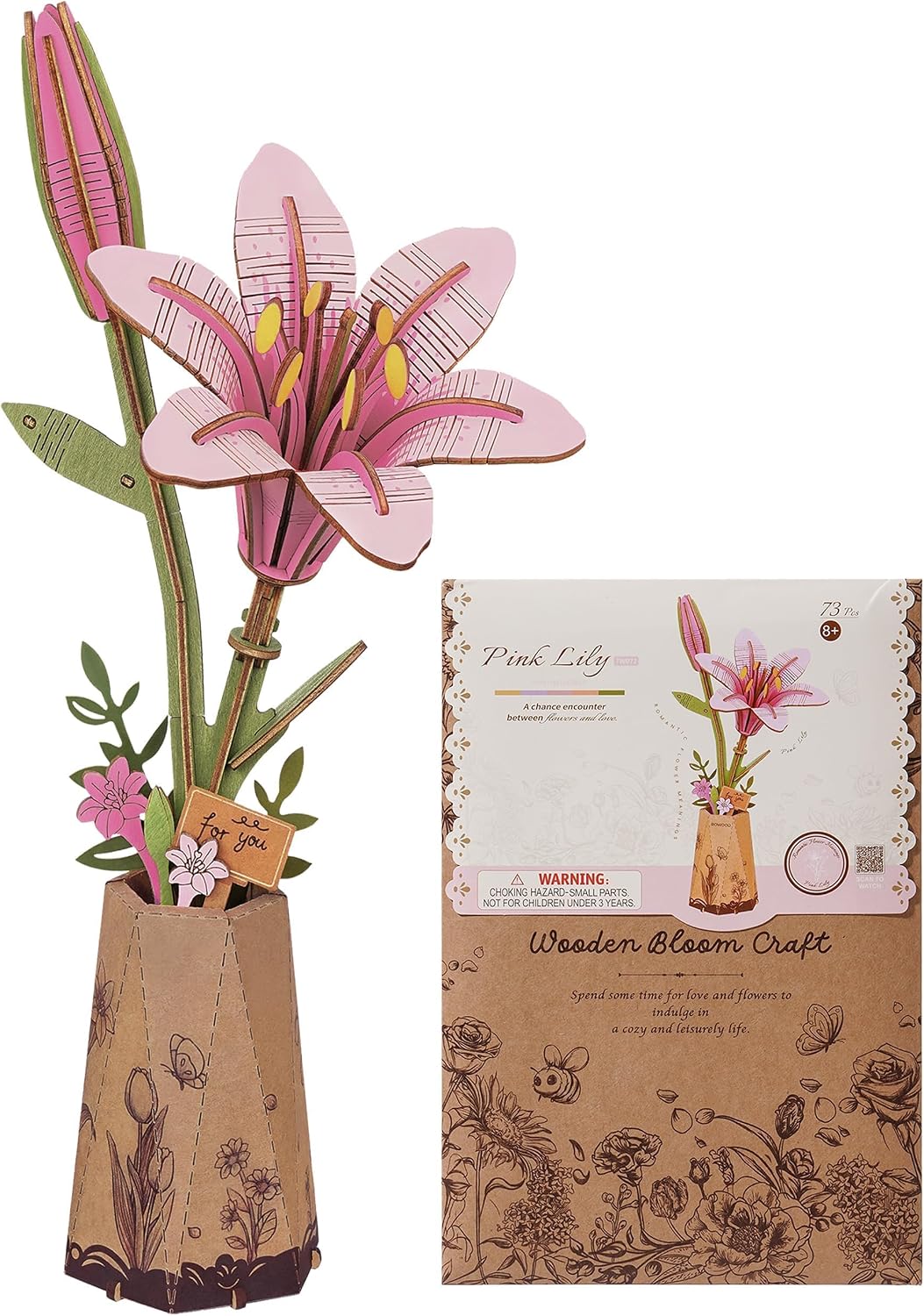 Wowood 3D wooden pink lily flower puzzle assembled model - view 4