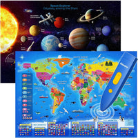 Qiaojoy Bilingual Interactive World Map for Kids Learning Educational - World Map& Space Poster