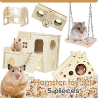 Hamster Toys 5-Piece Set ，Hamster House, Swing, Climbing Ladder, Seesaw & Exercise Wheel，Pet DIY Sport Exercise Toys Set, Small Animal Habitat Accessories ，Gerbils, Mice（Natural Wood）