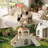 Large Rabbit House, Wooden Bunny Castle with 3 Houses Indoor - 3 Houses 2stairs & 2mats - image 3