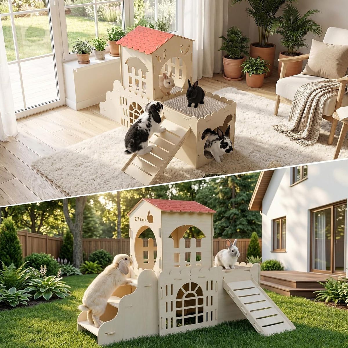 Large Rabbit House, Wooden Bunny Castle with 3 Houses Indoor - 3 Houses 2stairs & 2mats - image 3