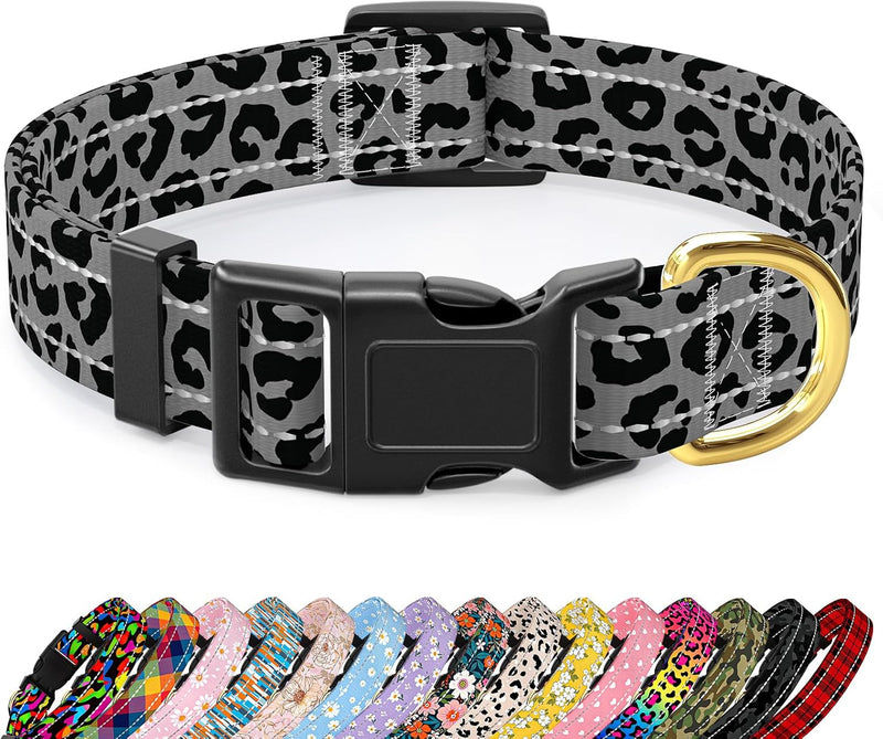 Reflective Adjustable Dog Collar for Medium Dogs, Leopard Neon - Grey Leopard Print / M (Neck 14-20", Width 1")