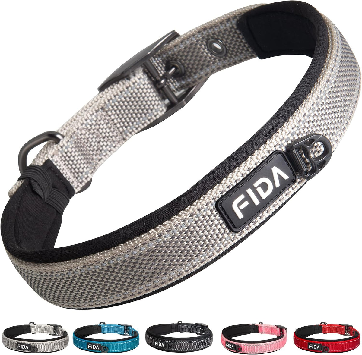 Fida Heavy Duty Dog Collar for Medium Dogs with Metal Belt Buckle - Small(11”-14.5“) / Grey