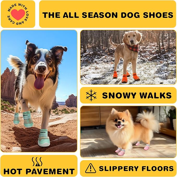 Hcpet Dog Shoes for Large Dogs, Waterproof Dog Booties for Small Medium Dogs, Anti-Slip Dog Boots & Paw Protectors for Hot Pavement Winter Snow Hiking with Reflective Straps Khaki Size 8