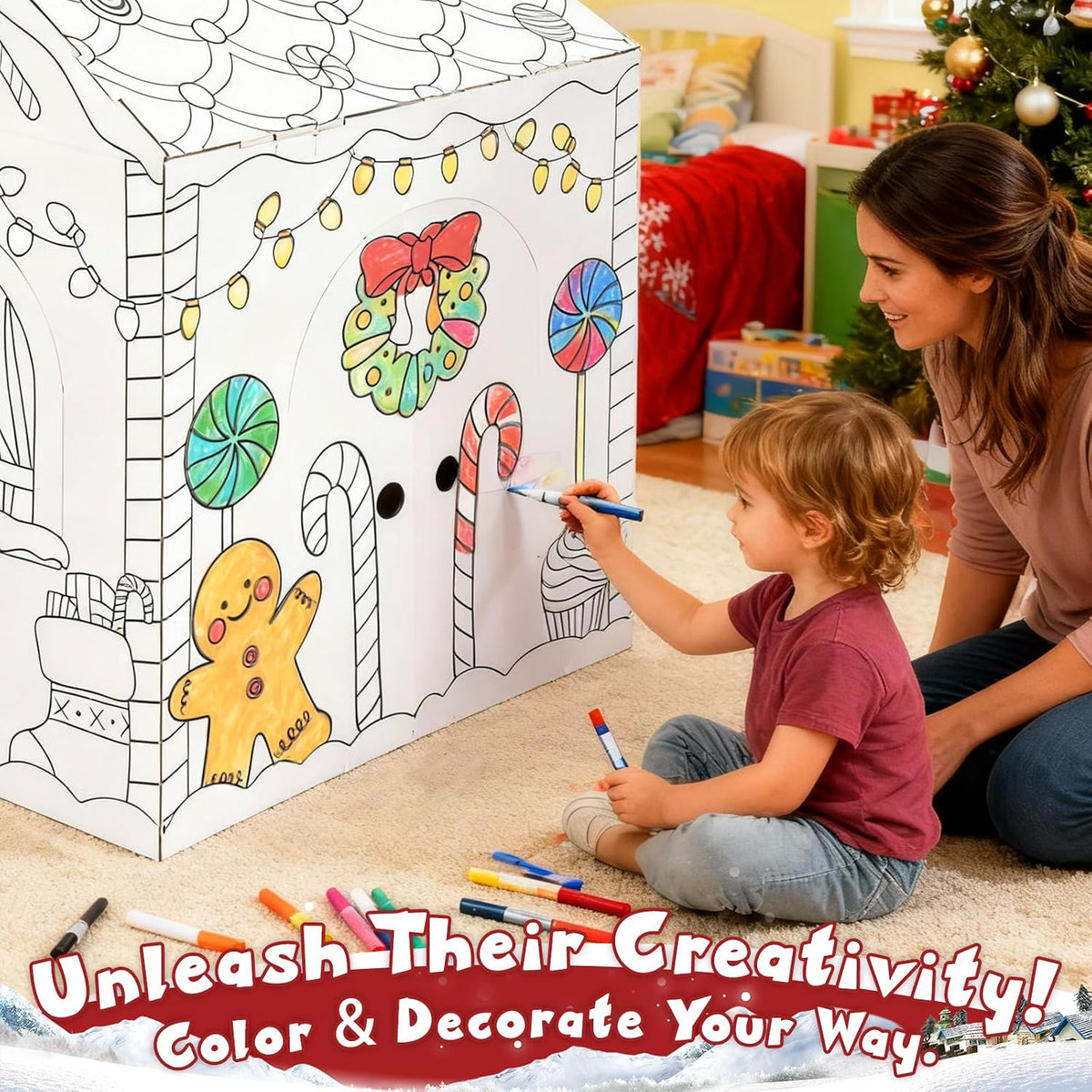 Kockuu cardboard gingerbread house to color, giant playhouse with candy cane and snowman prints - view 3