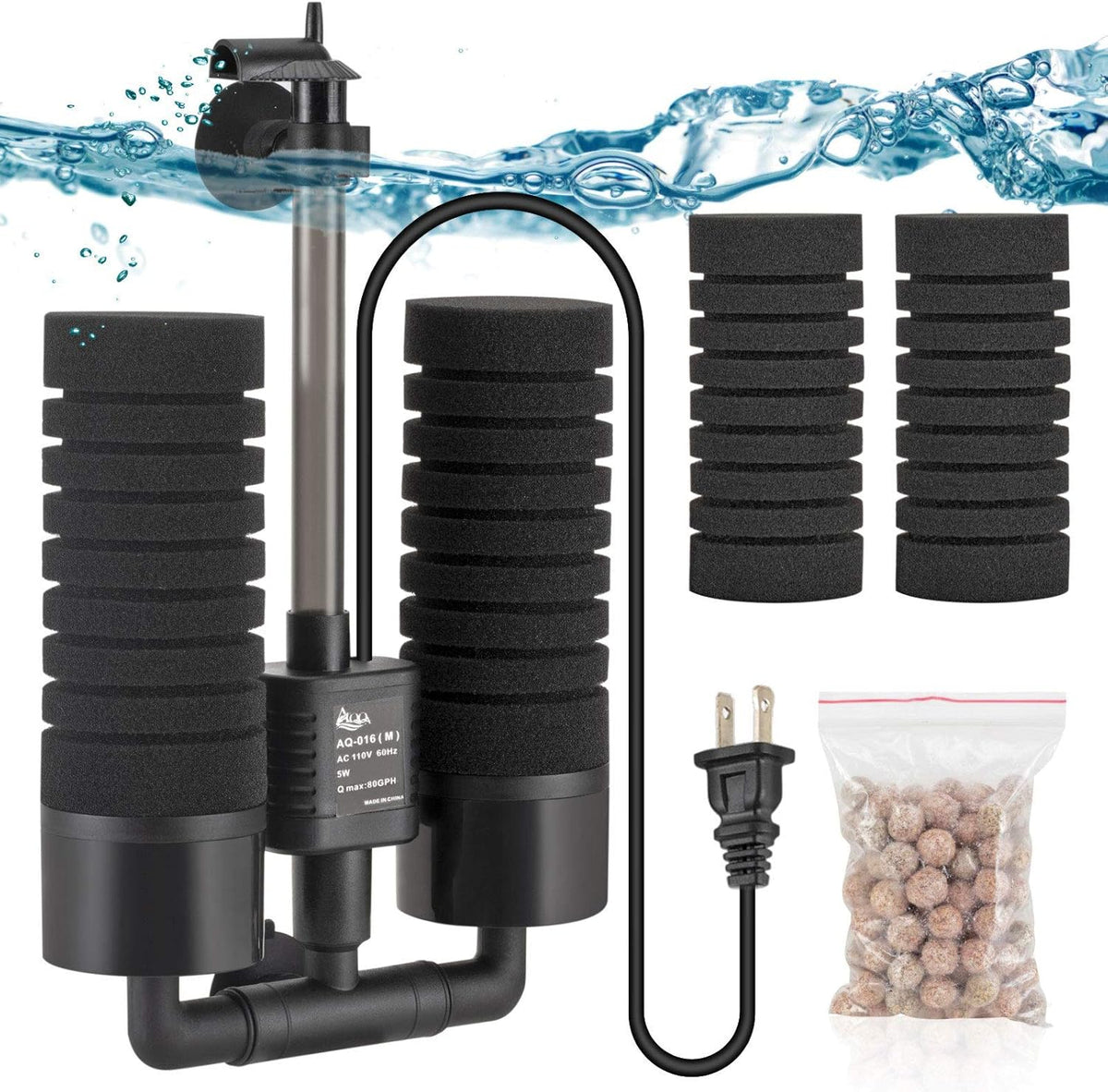 AQQA Electric Sponge Filter for Aquarium, 3W - M（5W for 15-55 gallon)