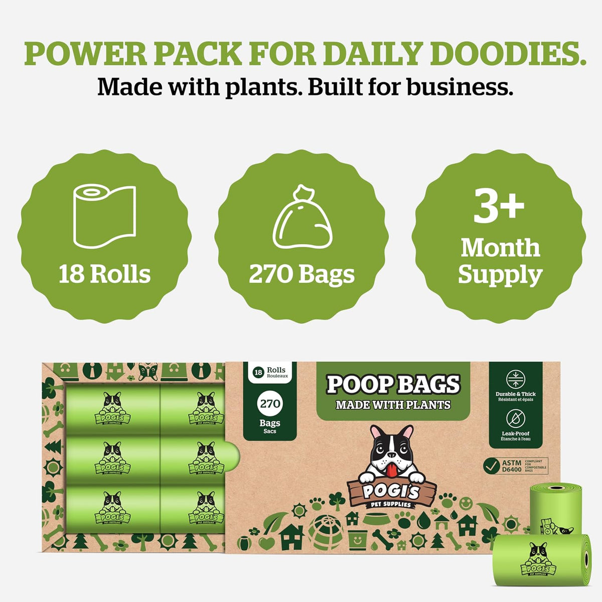 Pogi's Compostable Dog Poop Bags, Leak-Proof, 18 Rolls - 270 Count (Pack of 1) / Unscented - image 2