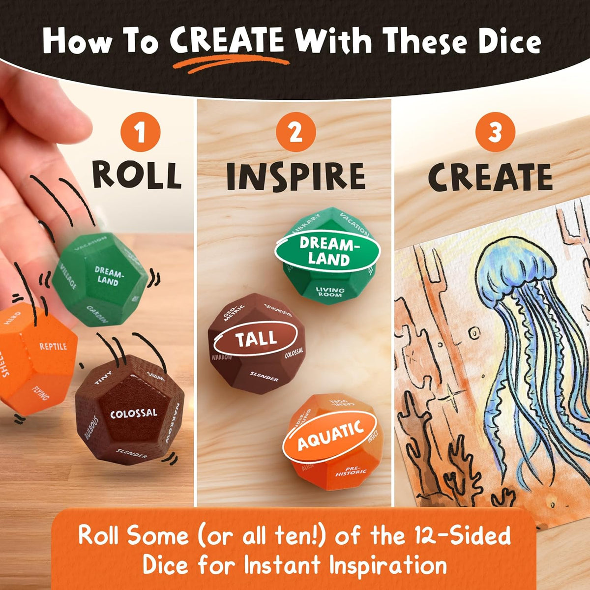 Insplore art prompt dice, ten colorful 12-sided beech wood dice with canister - view 4