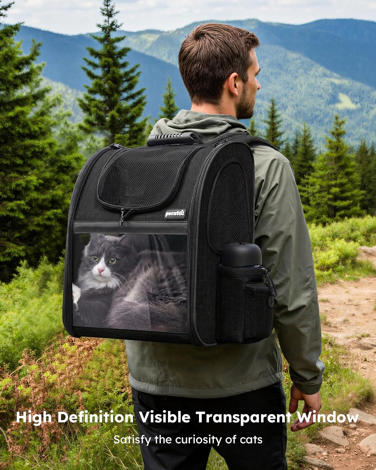 pecute Cat Backpack Expandable - Black / 12.6"L x 10.2"W x 16.5"H / Acrylic Window - image 3