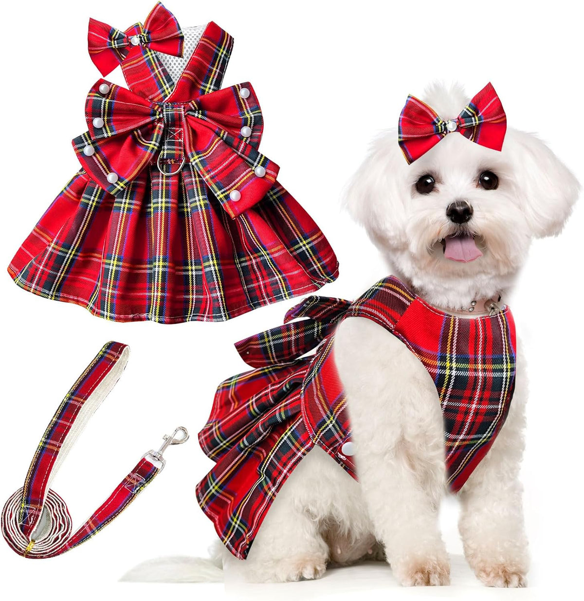 Cute Dog Dress Clothes for Small Dogs Cats Girl Female Red Plaid Bow - Red / L ( Suggest 8-11 lbs)