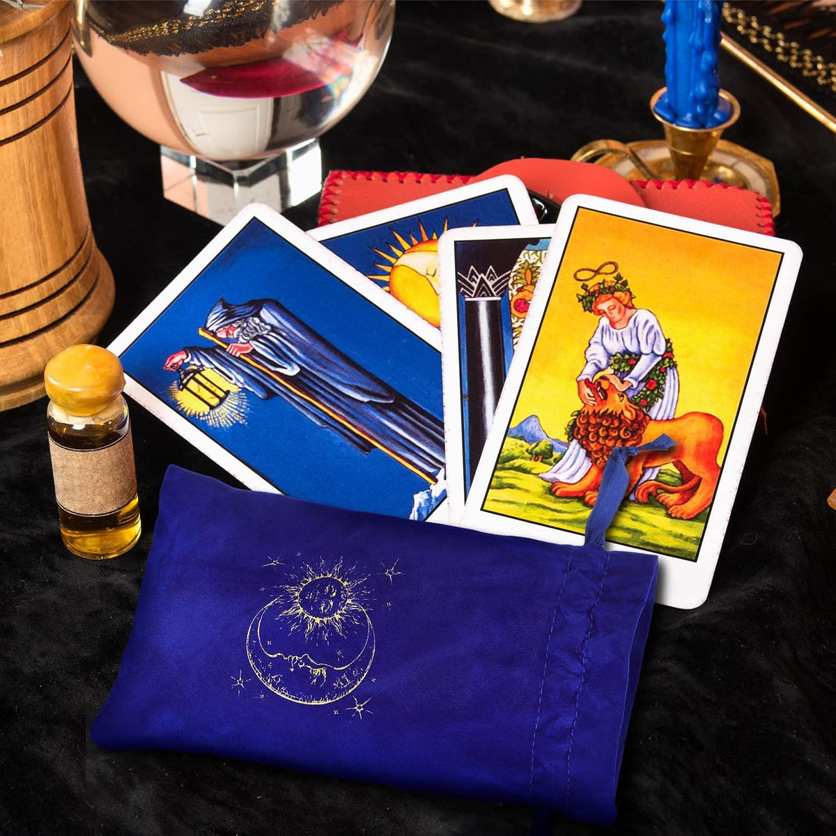 Wesnoy six fabric drawstring tarot card bags in mixed colors with Hamsa hand and moon prints - view 3