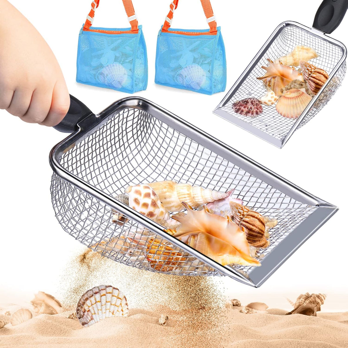 Vodolo Beach Mesh Shovel with Mesh Beach Bag for Shell Collecting - Silver - 2pcs Shovel With 2pcs Bag