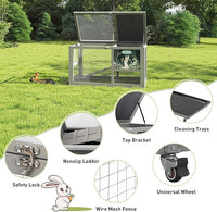 COZIWOW Fashionable Wood 36In Rabbit Hutch Indoor on Wheels Bunny Cage Outdoor Rabbit Cage with Clean Tray, Openable Roof, Anti-Slip Ramp for Small Bunny Rabbit (Grey with Pattern)