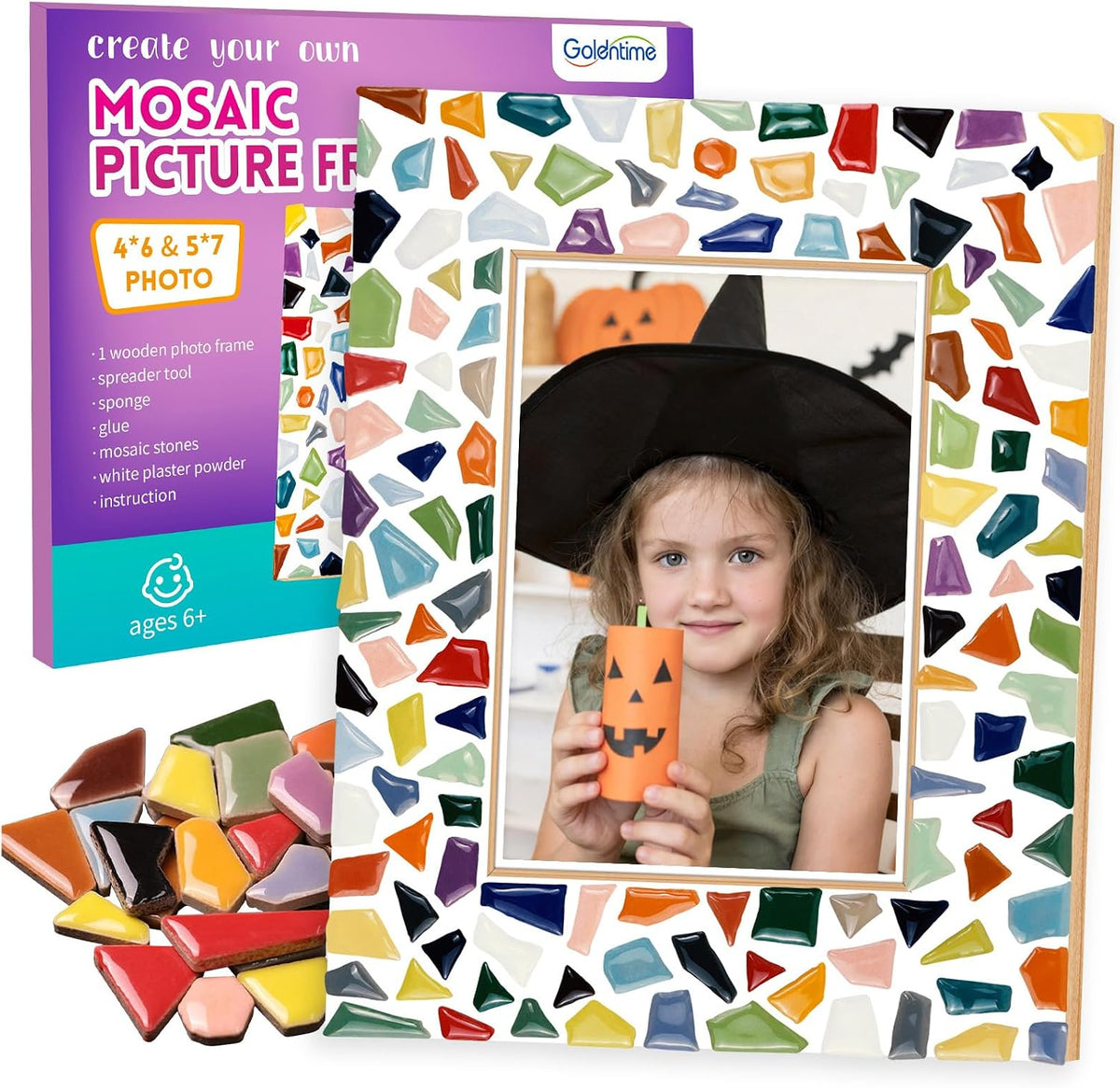 goldentime DIY mosaic picture frame kit with wooden frame, tiles, glue and grout - view 2