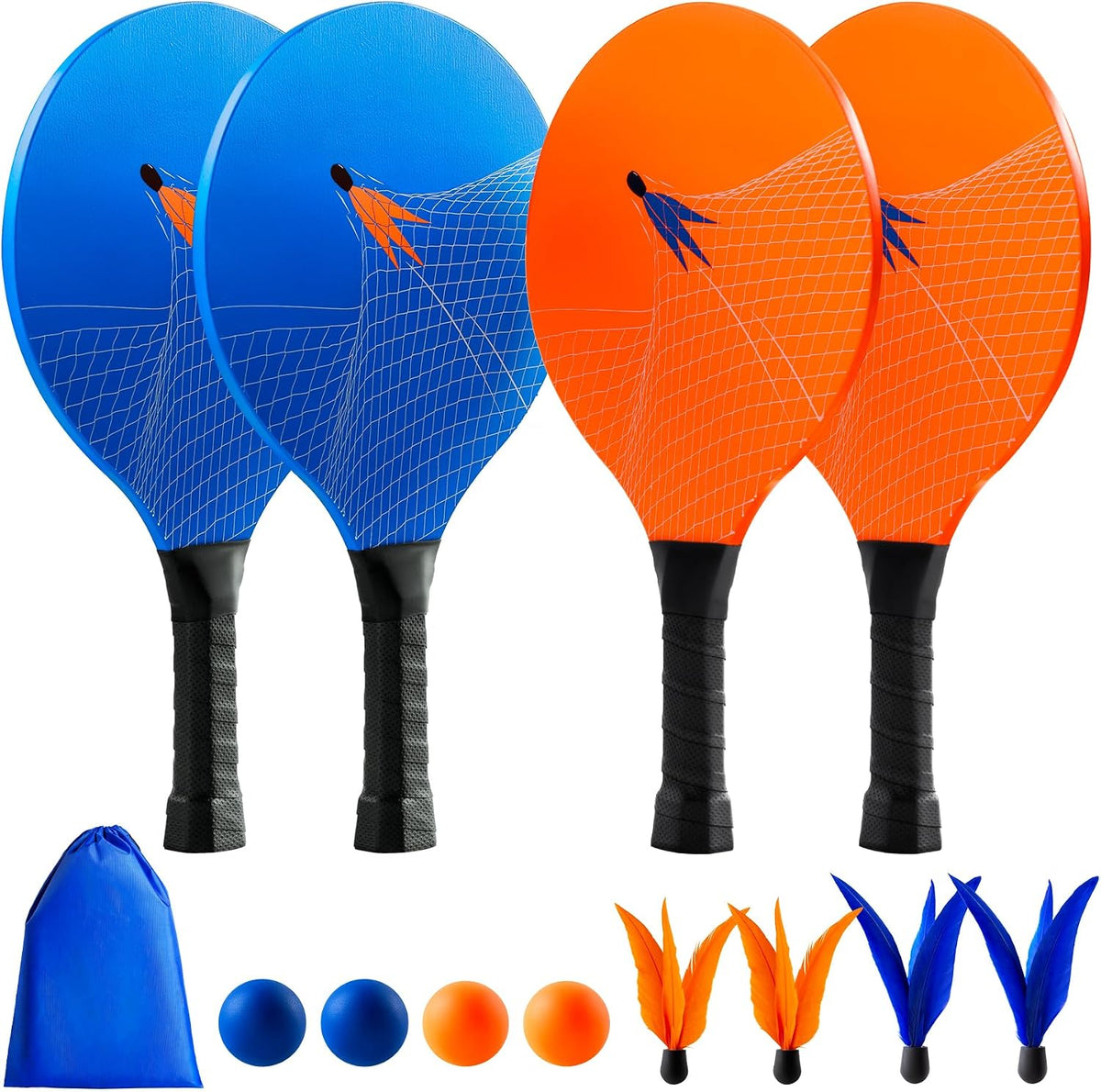 EVERICH TOY Toss and Catch Ball Game Set - Wooden Bule Green Yellow Orange / 4 Paddles 4 Balls