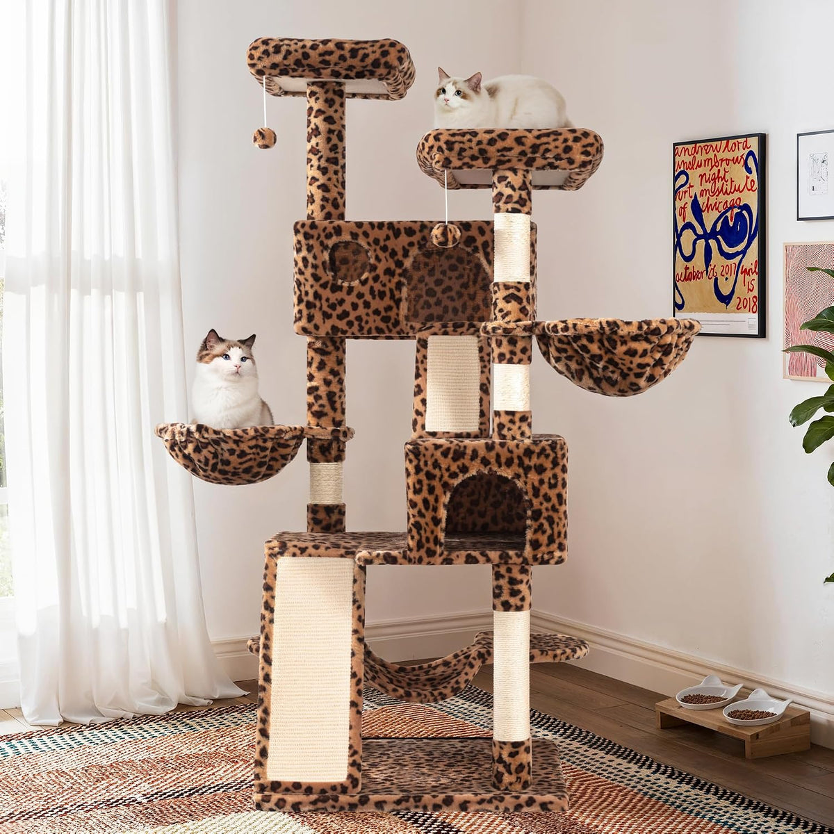SHA CERLIN 65in Larger Cat Tree Tower Condo for Indoor - Leopard Print - image 2