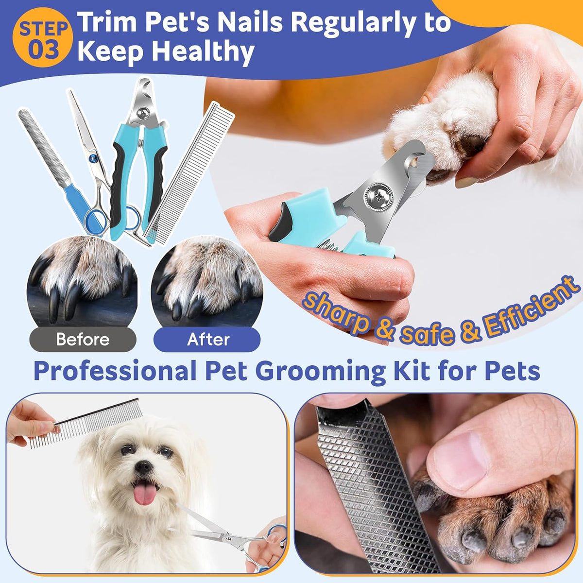 Dog Brush for Shedding 13pcs Bath Grooming Kit with Pet Nail Clipper - Blue 13pcs - image 4