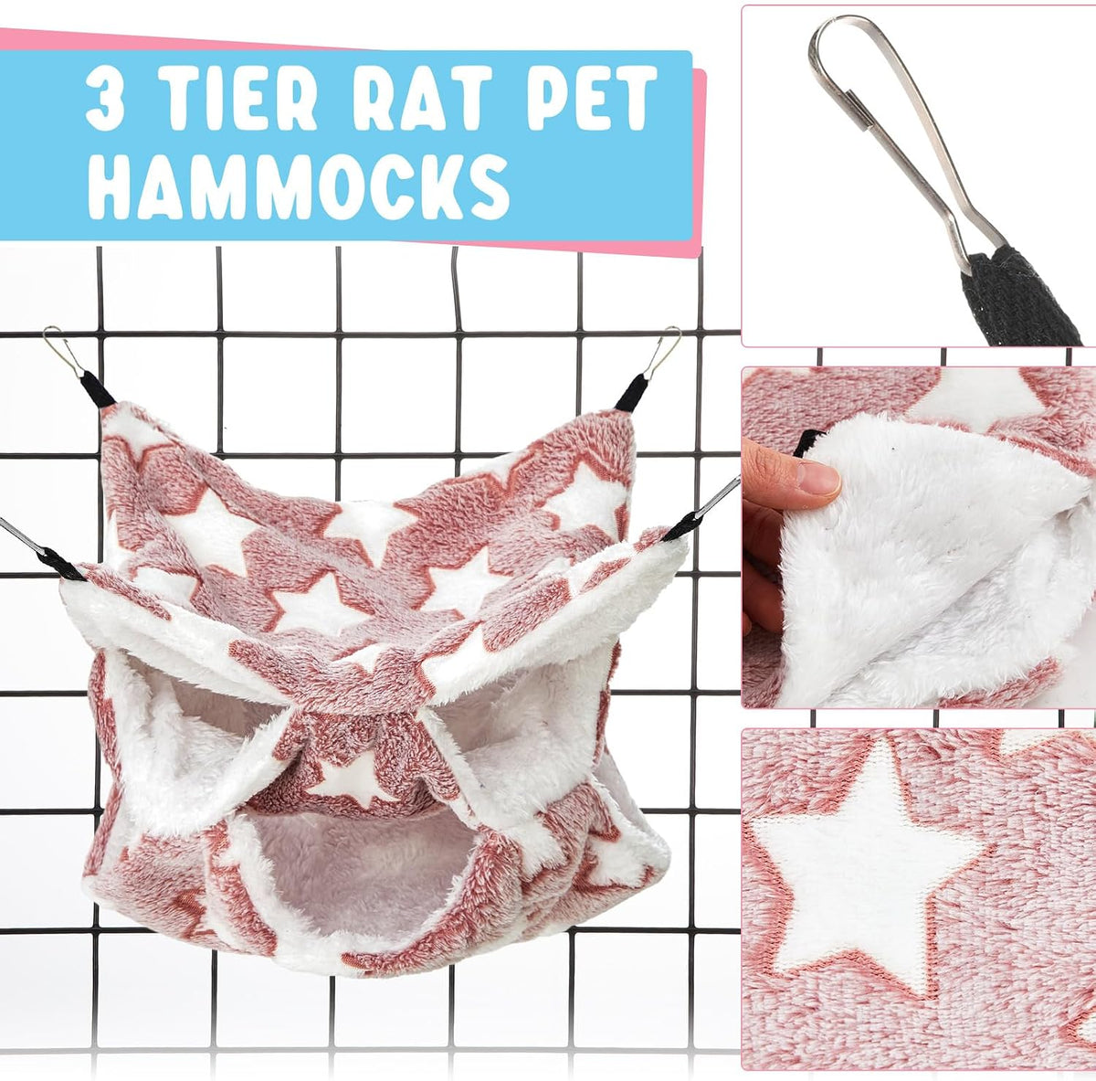 Abbylike 9 Pieces Rat Hammock 3 Tier Guinea Pig Ferret Hammocks Small - Navy,Grey,Pink, / Star - image 2