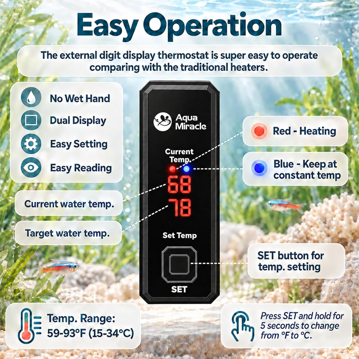 AquaMiracle 100W Small Aquarium Heater Dual LED Display for 10-20 Gal - For 3-5 Gal Aquariums - image 3