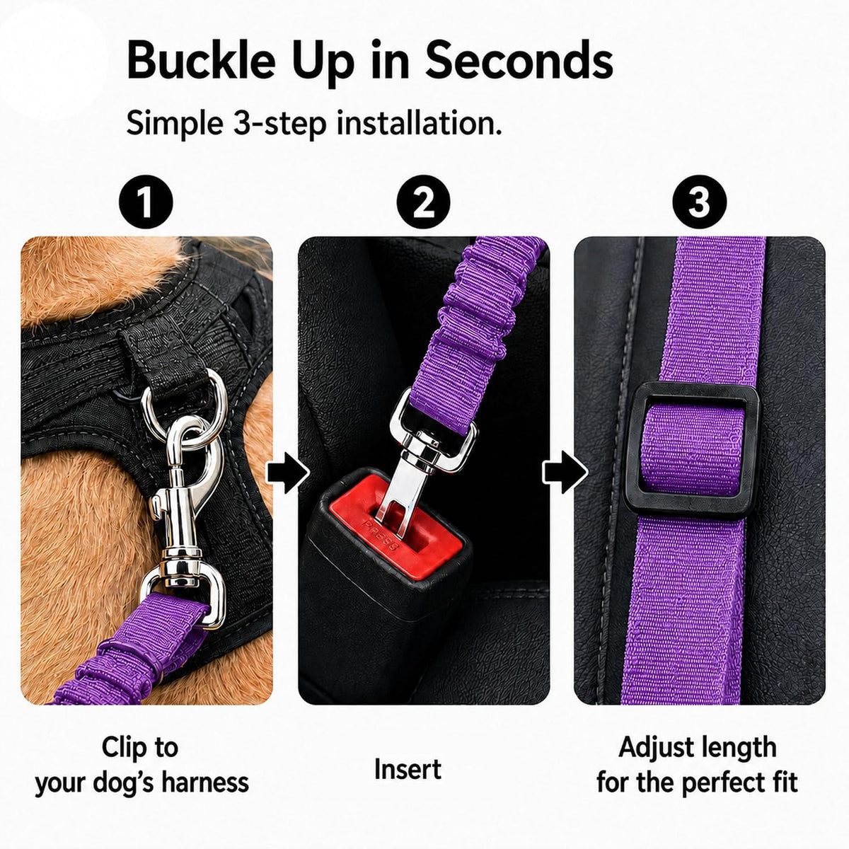 Dog Seat Belt 2Pcs, Retractable Pet Car Harness - Purple - image 3