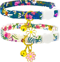 2 Pack Cotton Breakaway Cat Collars Set with Bell and Flower Pendant - beige+navy blue