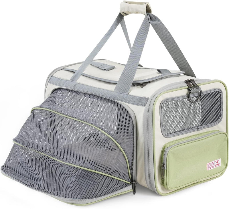 Pawaii Cat Carrier Airline Approved Expandable Breathable Safety Leash – Essentials for Cats - Beige and Tea Green