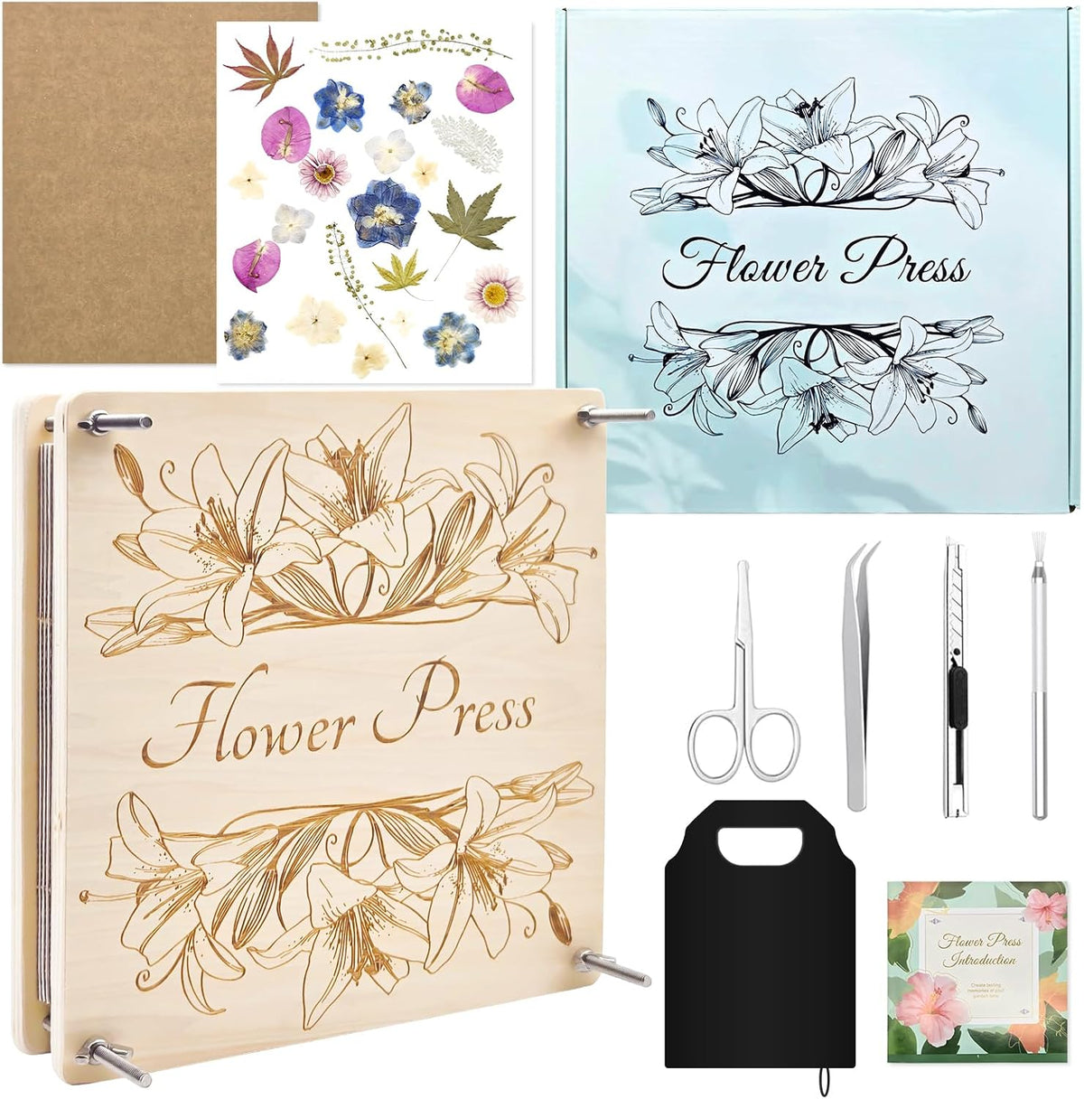 GTQYYF 11 x 11 inch wooden flower press kit with 10 layers and tools