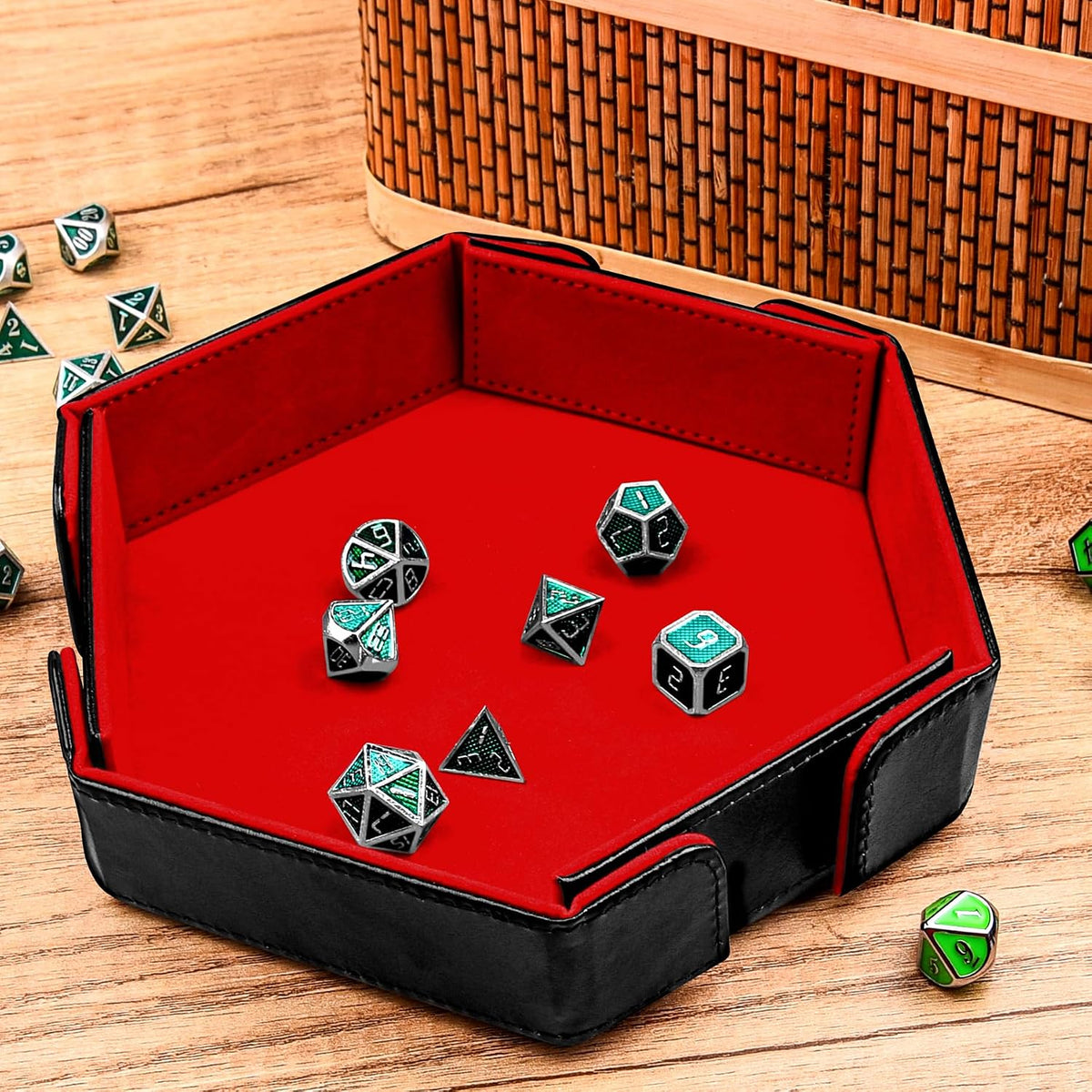 SIQUK magnetic folding hexagon dice tray in PU leather with velvet lining - view 11
