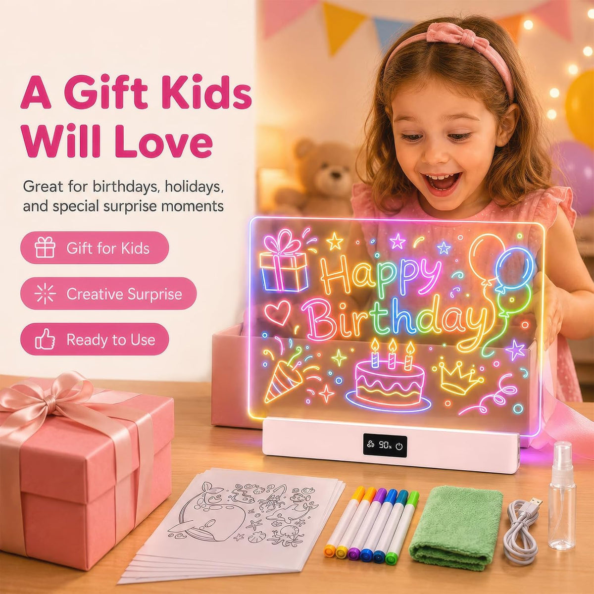 OUTON 16 inch rechargeable LED drawing board for kids in white with glowing doodles - view 6