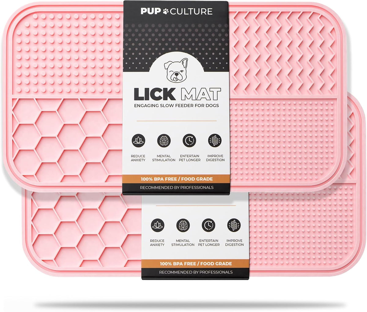Dog Lick Mat for Dogs, Feeding Pad for Anxious Pets Plus 4 Different Puzzles for Mental Stimulation - 2 Pack / Pink
