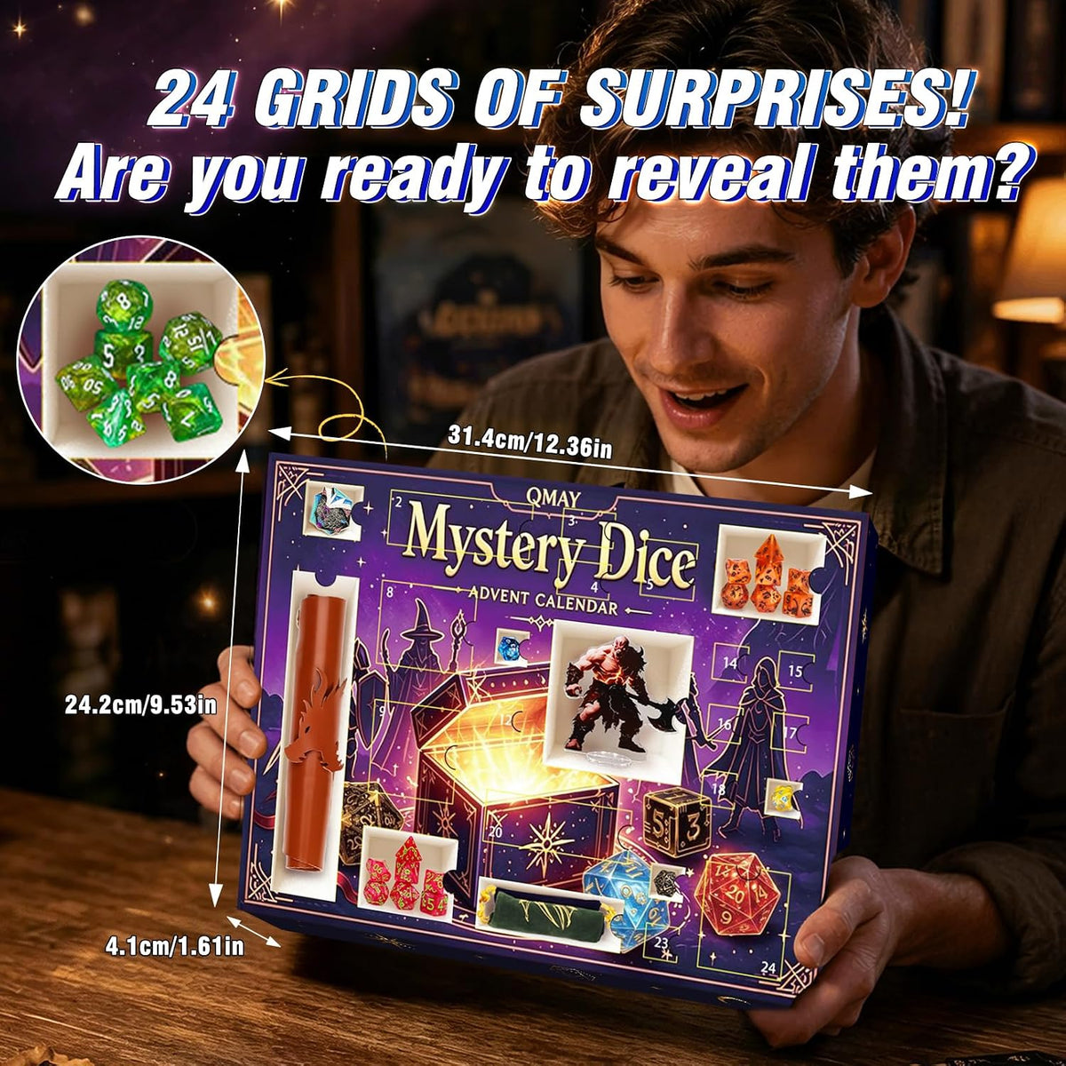 QMAY Mystery Dice Set – 7 Pcs Acrylic Polyhedral Dice + 1 Pcs Velvet Bag – Fun for Kids & Family - 24 Grids PRG Mystery Gift Box - image 3