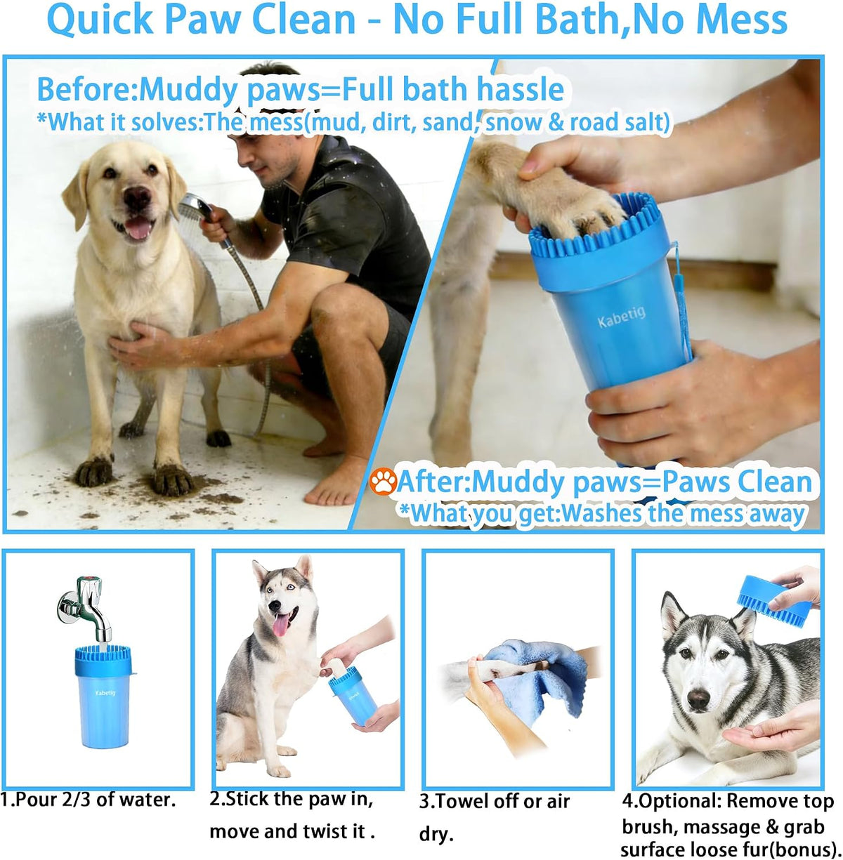 Dog Paw Cleaner Cup with Detachable Top Brush for Large & XL Dogs – Essentials for Dogs - Medium(3Towels&Brush) / Blue - image 3