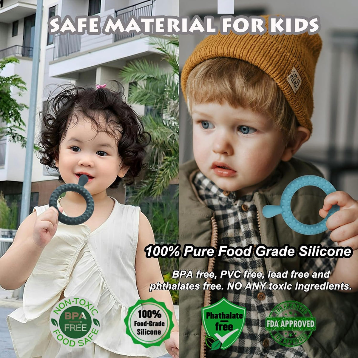 Teething Toys for Baby 3-6-12 Months 4 Pack P Shape - Q Shape Blue/Khaki/Green/Gray - image 2