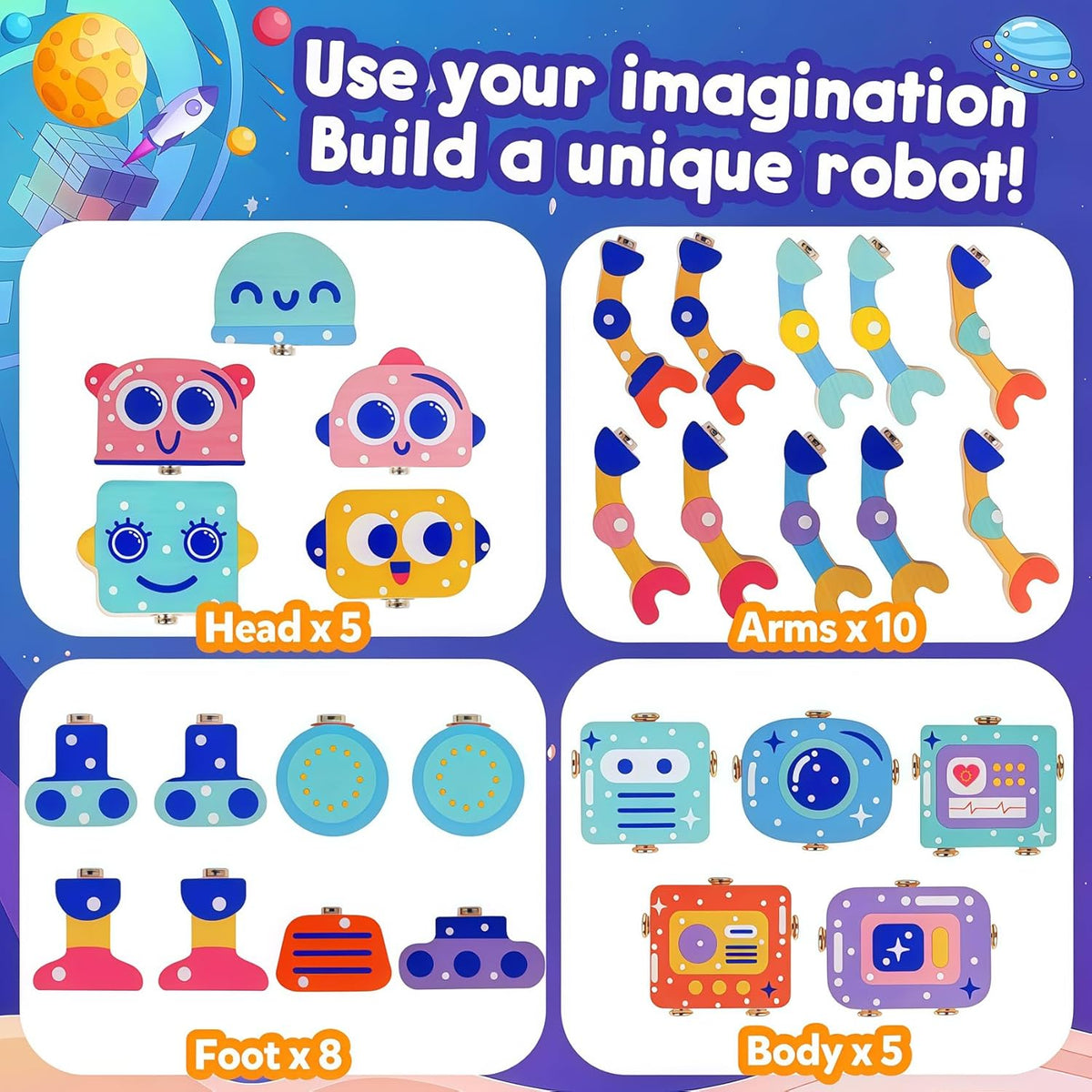 FQKIOMY magnetic wooden dinosaur building blocks in bright colors for kids 3-5 - view 3
