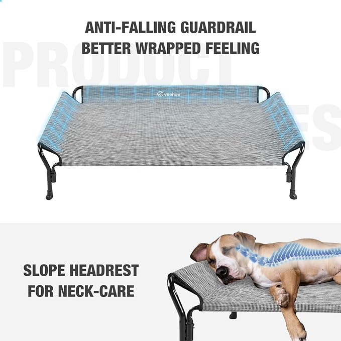 Veehoo Cooling Elevated Dog Bed, XL Raised Pet Cot with Guardrail & Slope Headrest, Durable Breathable Teslin Mesh, Non-Slip Feet, Washable Dog Couch Bed for Indoor & Outdoor, X Large, Black Silver