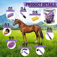9 Pieces Horse Grooming Kit Tack Room Supplies Set with Organizer Tote Bag, Oval Massage Curry, Hard and Soft Brush, Hoof Pick, Sweat Scraper, Bathing Sponge, Combs for Horse Riders Beginners (Purple)