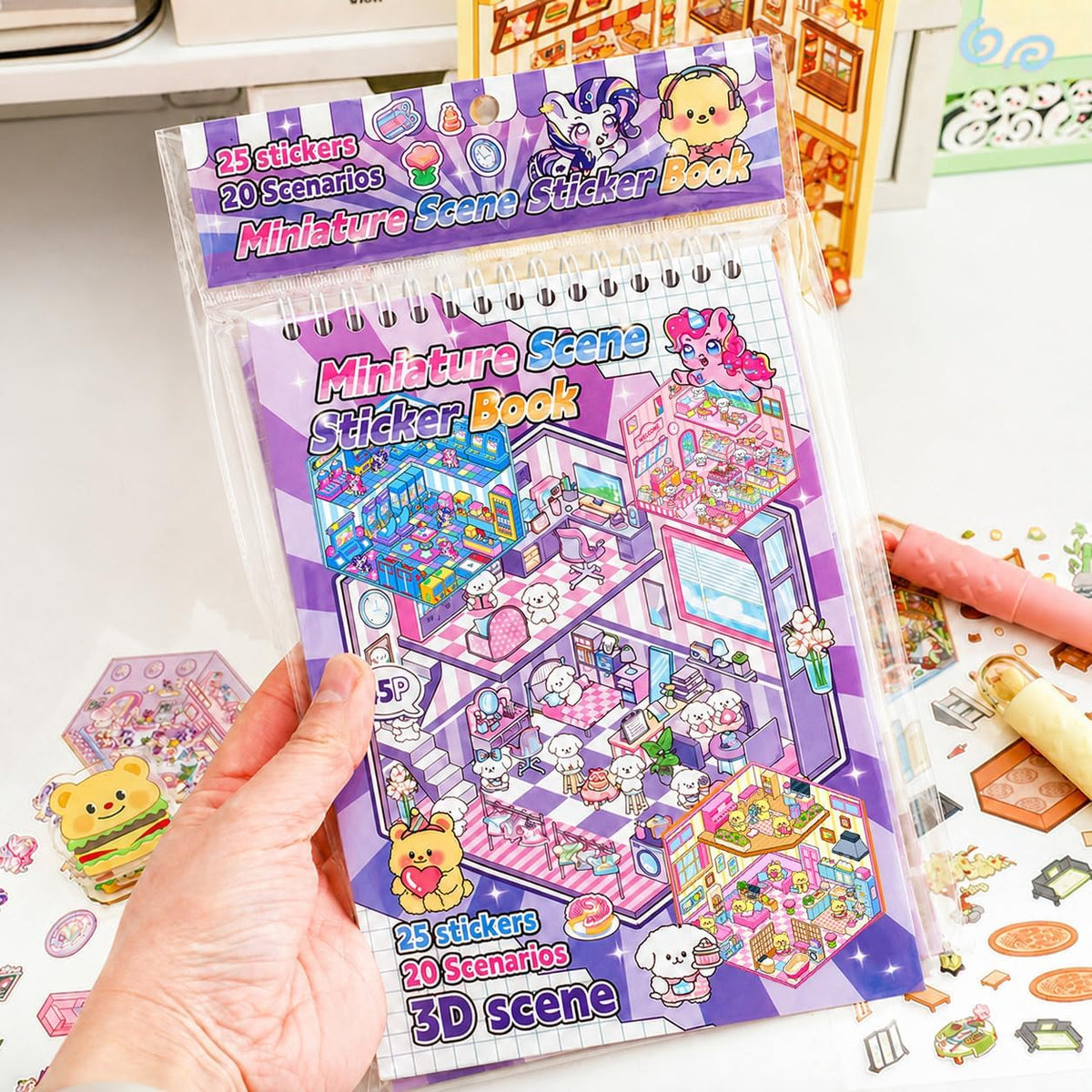 Xuoent 3D scene sticker book with mini kawaii scenes and tweezers - view 3