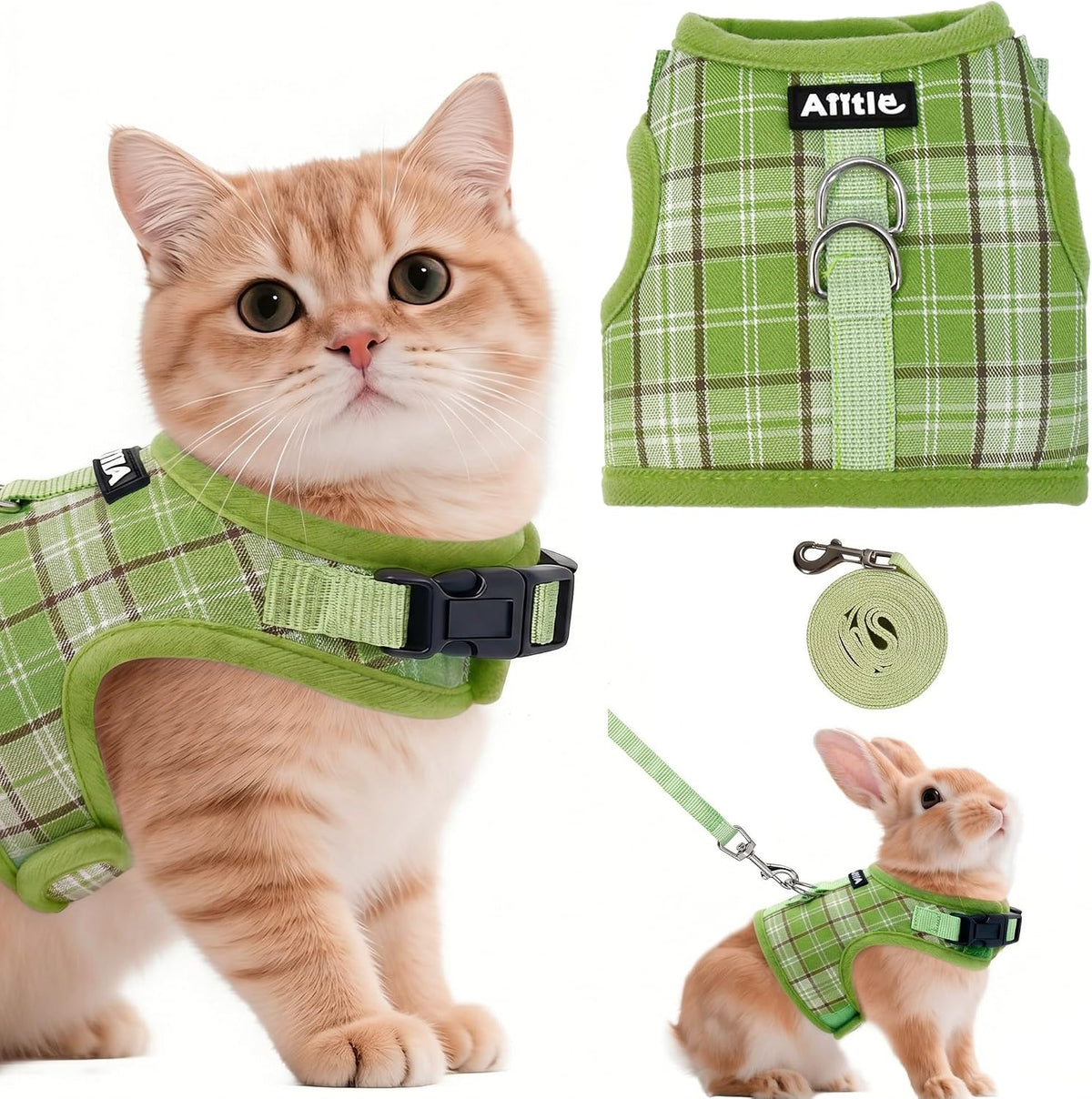 Plaid Breathable Rabbit Harness and Leash Set Escape Proof - Green / L
