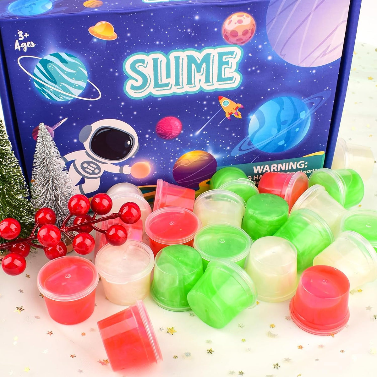 4 Pack Galaxy Slime Kit, Party Favors for Kids, Non Sticky, Wet - Red&green & White Slime - image 3