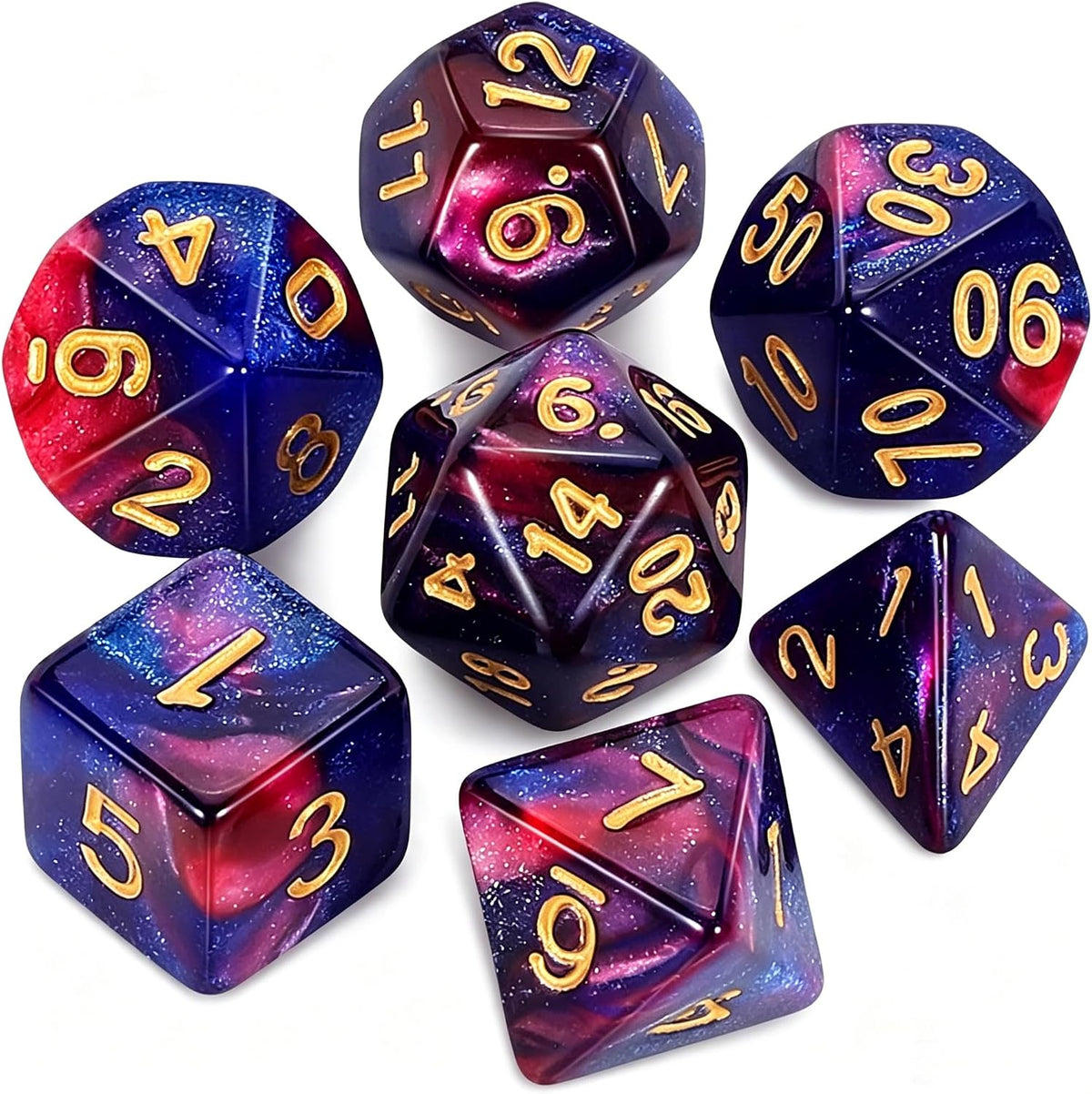 QMAY DND Dice Set - 7Pcs Blue Mix White Polyhedral Dice with Black Dice Bag – Fun for Kids & Family - Blue Purple Nebula