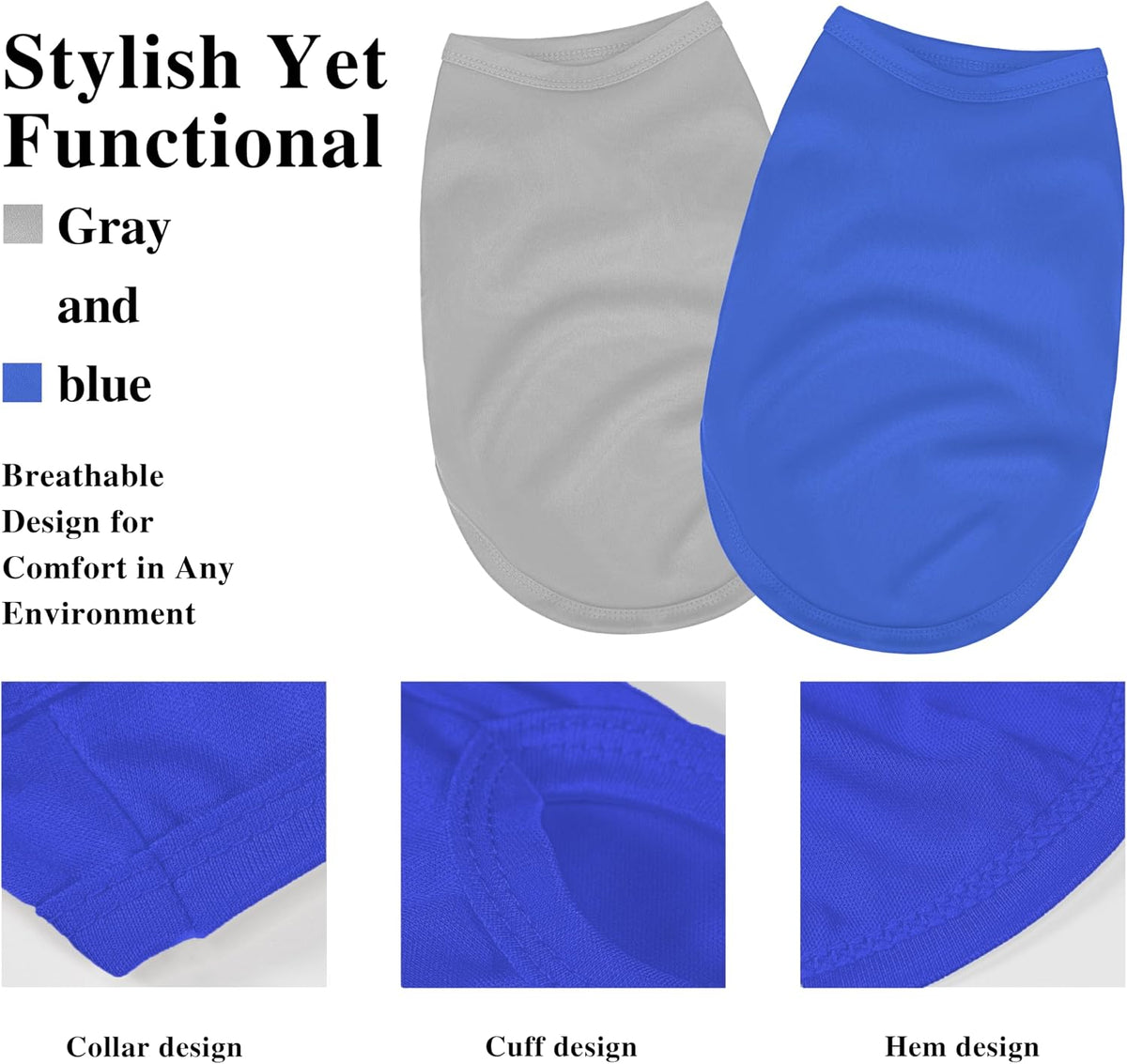 2 Pack Solid Color Dog Shirts, Lightweight, Quick Dry - Gray,Blue / XS (9.5'' Chest) - image 2