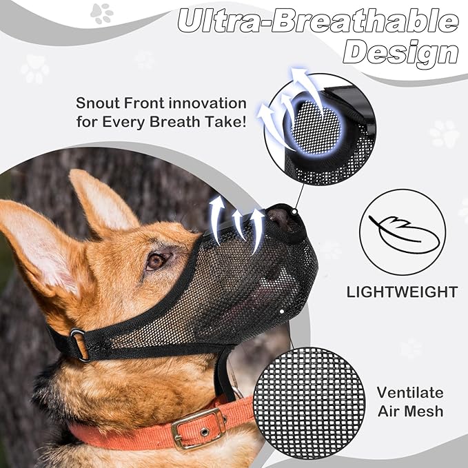 Dog Muzzle, Soft Air Mesh Muzzle for Small Medium Large Dogs Anti Biting Barking Chewing Scavenging, Breathable Adjustable Loop Pets Muzzle with Front Opening Design Allows Panting Drinking (Black,M)