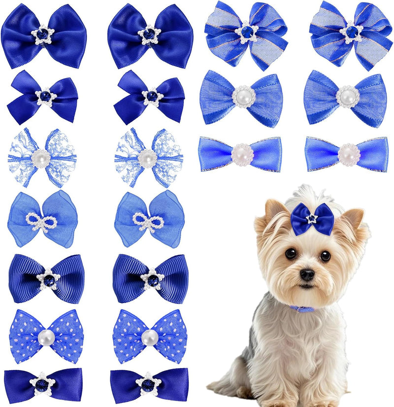 20PCS Cute Dog Hair Bows with Rubber Bands Handmade Mix Style - Dark Blue / Lovely Pattern