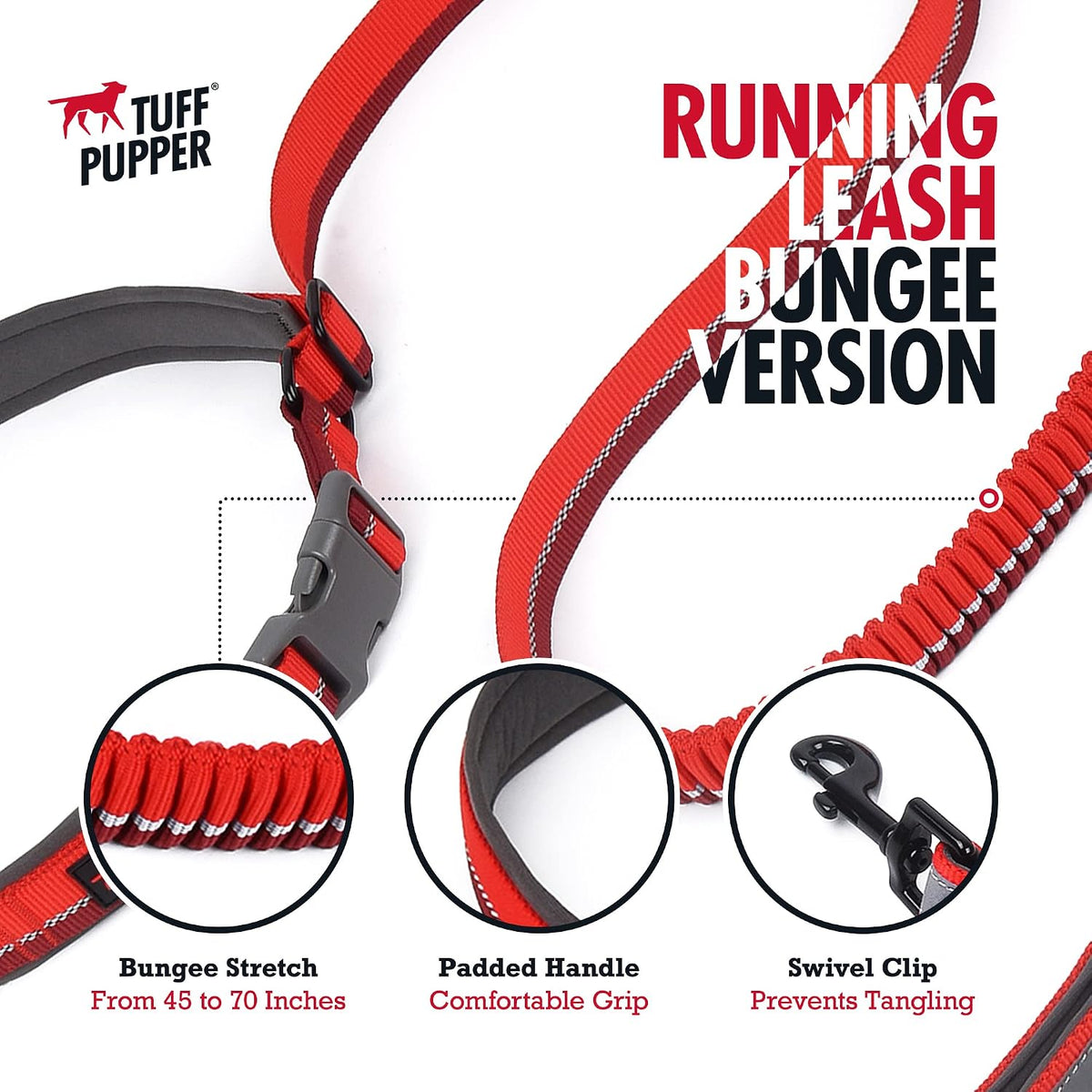 Tuff Pupper Hands Free Adjustable Length Dog Leash - Fiery Red / Bungee - image 2