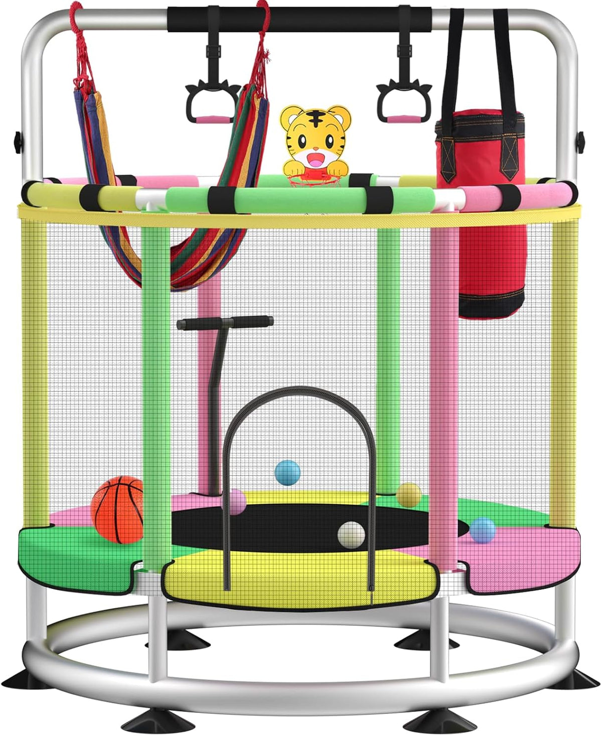BLINWORLD toddler trampoline with enclosure net, T-handrail and basketball hoop - view 2