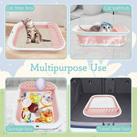 Fhiny Cat Litter Box Portable Shallow Litter Box 17.7"x13.4"x4.9" Foldable Cat Toilet with Scoop Open Kitty Potty Pan with Litter Drop Pedal Easy to Clean Travel Kitten Toilet(Pink)