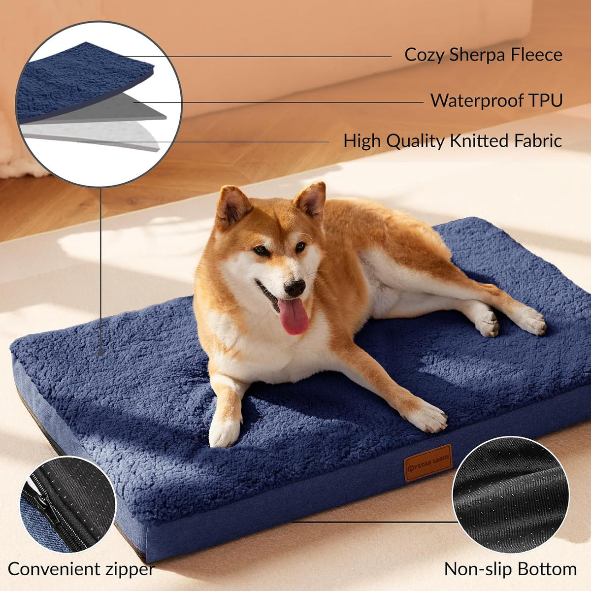 Patas Lague Orthopedic Large Dog Bed Washable Pet Sofa Mat 36''X24'' - 48"L x 30"W x 3.5"Th / Navy Blue - image 2