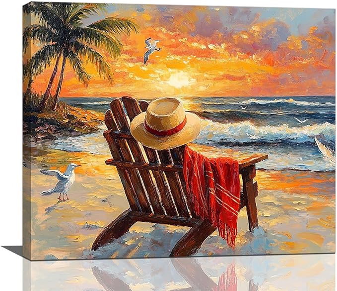 Beach Coastal Bathroom Pictures Wall Art, Seaside Ocean Bathroom Wall Decor, Sunrise Palm Framed Painting Canvas Artwork for Bedroom Living Room Decorations 20"L x 16"W